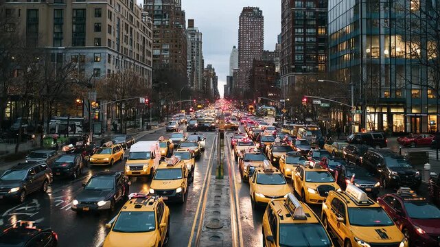 Rush hour traffic jam with taxis and cars merging on varick street toward holland tunnel, manhattan, new york city
