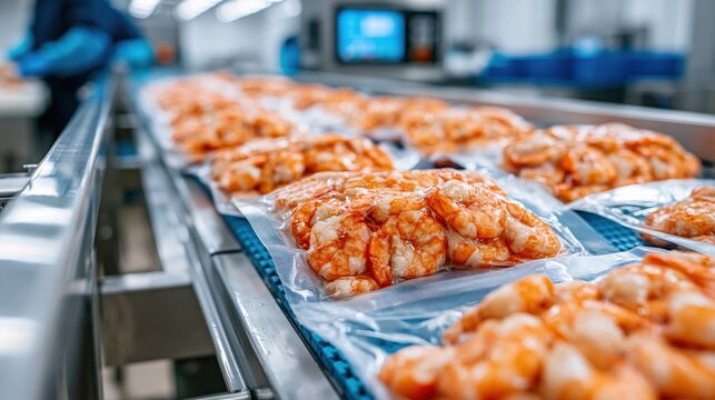 Fresh raw shrimp vacuum packed in plastic on factory conveyor belt.