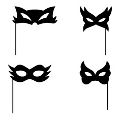 Set of four black masquerade masks with hand-held sticks. Elegant vector silhouettes for carnival, Mardi Gras, ball, or mysterious party invitations. © Abdul Rehman