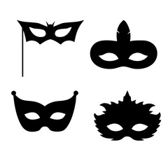 Set of four black masquerade mask silhouettes, including a hand-held stick mask.  © Abdul Rehman