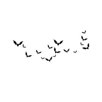 A line of bats flying horizontally across the frame. Silhouette vector of a bat migration for page borders, headers, and Halloween website banners.