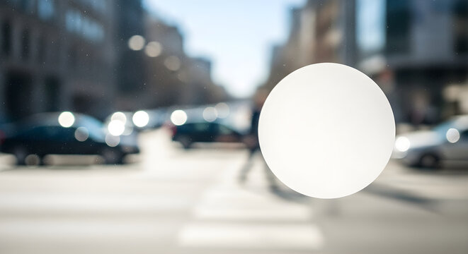 Blank white circular sign sticker attached to a glass window provides a perfect empty space for creative branding or informative advertisements in a bustling city street setting with blurred traffic a