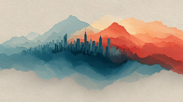modern city skyline at sunset with abstract watercolor mountains and warm orange blue gradient background