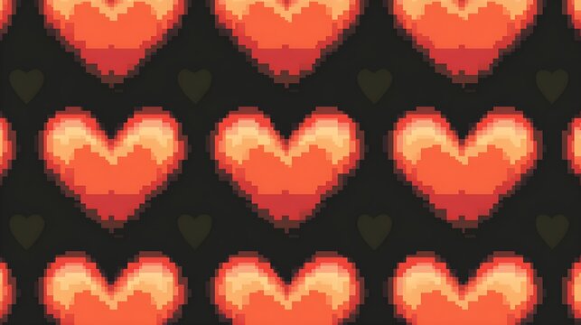 Pixelated red and orange hearts forming a repeating pattern on a dark background