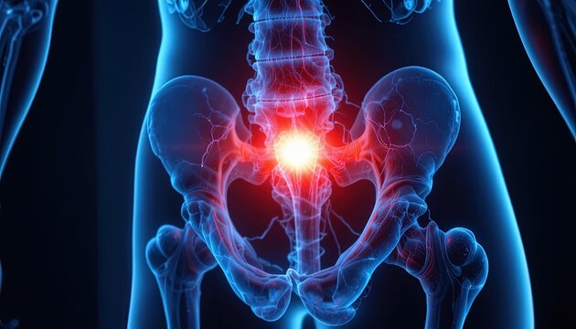 Pain in the Pelvis: 3D Rendering of the Lower Body Skeletal Structure with Highlighted Inflammation for Medical Illustration