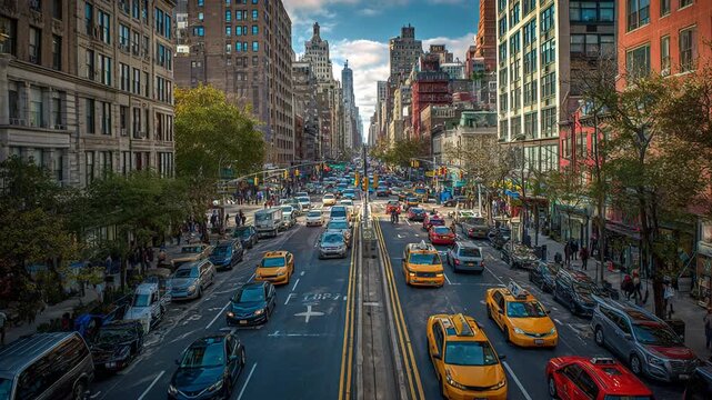 Rush hour traffic jam with taxis and cars merging on varick street toward holland tunnel, manhattan, new york city
