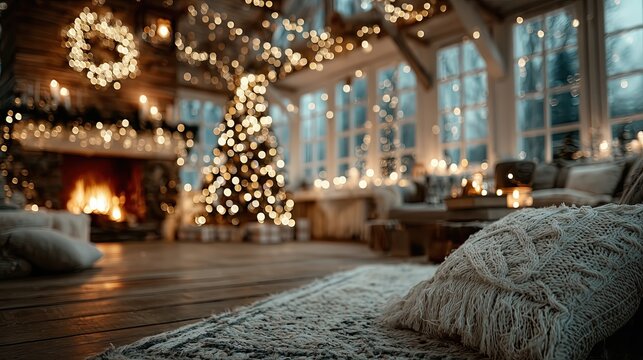 Cozy evening inside a cabin with a Christmas tree and fire