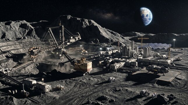 Massive industrial moon mining base operation with heavy machinery and complex lunar infrastructure under Earthrise at night.