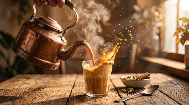 Traditional hot Karak tea pouring action shot with steam and sunlight