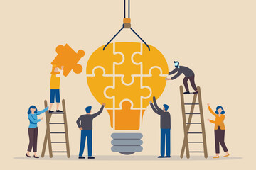 Team assembling puzzle lightbulb concept illustration with people on ladders © Asadul