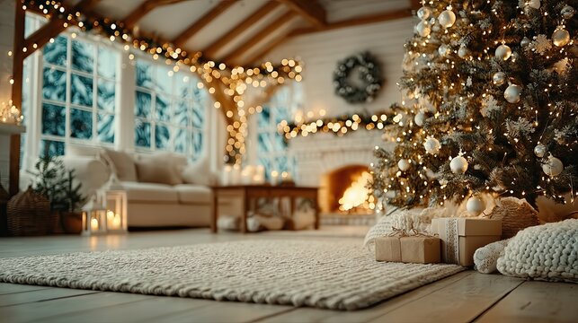 Decorations and gifts in a cozy living room during the holidays