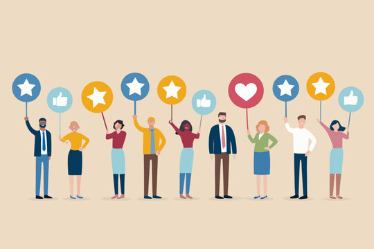 Diverse people holding social media feedback icons flat vector illustration