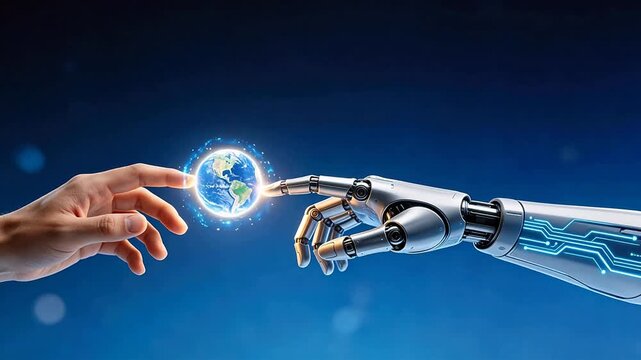 Human hand and robotic arm touching globe