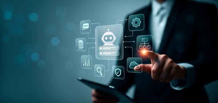 Business professional controlling AI system integration with automation workflow icons including chat document analytics cloud and process structure for digital transformation, enterprise technology