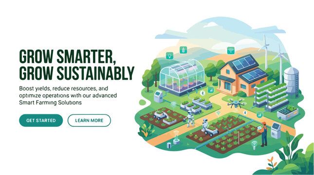 Smart Farming Technology Illustration Sustainable Agriculture Vector Graphic Future Farm with Robots and Renewable Energy Sources