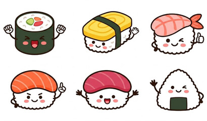 Kawaii sushi cartoon characters in grid layout with happy expressions cute food vector illustration set © Mst RAFIYA