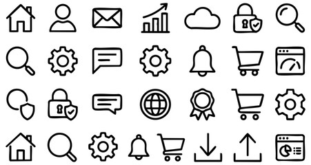 Fototapeta premium Simple hand drawn doodle style vector icons collection for modern web interface design projects featuring various essential navigation interface elements