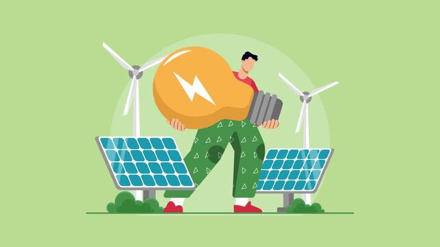 Video animation motion graphic of man holding energy bulb with solar panel and wind turbine 2D flat cartoon stock footage 4K high quality
