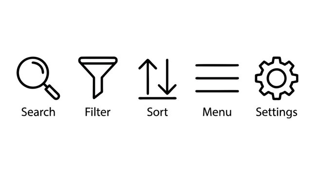 Five essential flat vector interface icons featuring search filter sort menu and settings symbols for modern web application design development