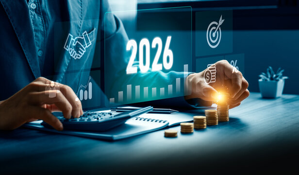 Future financial planning 2026 concept with business growth chart stacked coins investment strategy profit increase economic forecast and long term wealth development
