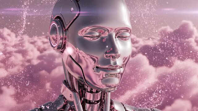 Silver robot face against pink sky ideal for tech startups and software promos