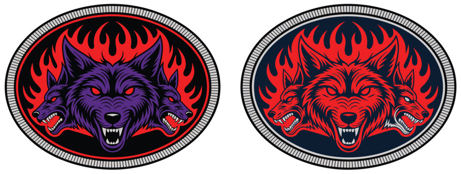 Wolf Label belt buckle three wolves heads fire flames wild west cowboy style tag design brave daring courage vector illustration
