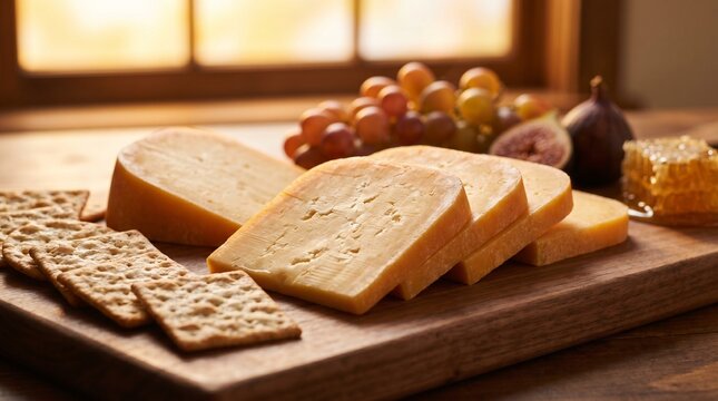 Delicious cheese platter with crackers, grapes, figs, and honeycomb, perfect for entertaining.