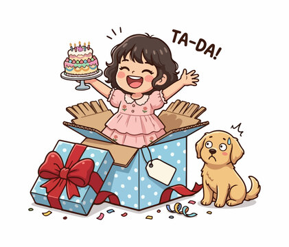 Cute girl surprising her puppy with a birthday cake from a gift box, 2D vector illustration.