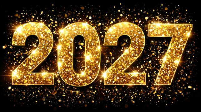Sparkling golden numerals display the year two thousand twenty-seven against a dark background.
