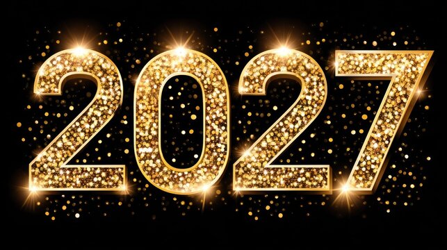 Brilliant golden numerals display the upcoming year two thousand twenty seven against a dark backdrop