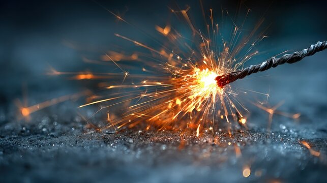 Burning fuse emits bright orange sparks against a dark, cool background