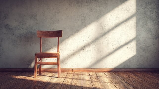 Wooden chair stands alone against a textured wall illuminated by parallel strips of sunlight.