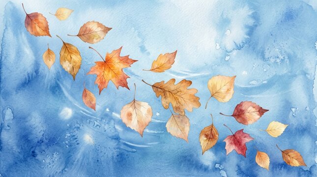 Autumn leaves gracefully dance on a gentle watercolor breeze