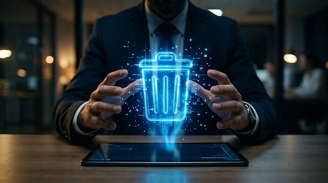 Business professional presenting digital delete bin icon with glowing particles emanating from a tablet, symbolizing data deletion and digital cleanup.