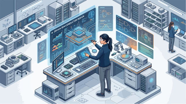 AI Driven Semiconductor Design and Factory Automation with Female Engineer Working on Advanced Chip Technology Isometric Illustration