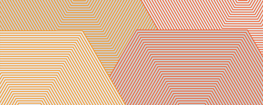 Abstract geometric pattern with orange and red striped polygons on light background.