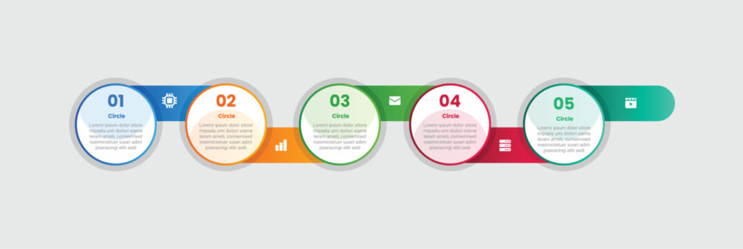 Circle base infographic with gradient style with circle container with up and down rectangle linked on header and footer with 5 elements stages