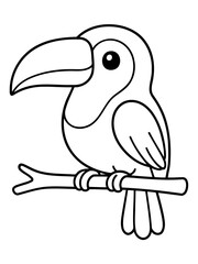 Naklejka premium Cartoon Toucan Resting on Branch: A simple, black-and-white illustration of a toucan perched gracefully on a tree branch, perfect for coloring or use as a graphic element.