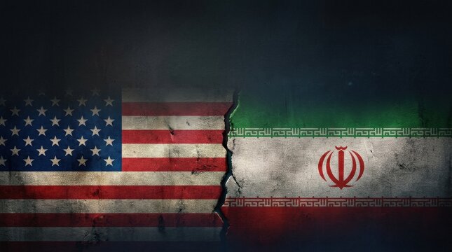 Flags of Iran and the U.S. side by side, a tear between them emphasizes their design and color differences.