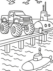 Fototapeta premium Monster Truck Meets Submarines: A whimsical monochrome scene of a towering monster truck parked on a pier, sharing space with two submarines floating in the water above a sea horizon.