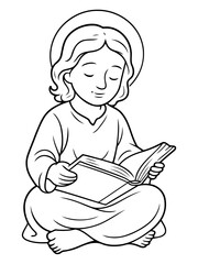 Obraz premium Meditating Angel: A serene angel sits in peaceful contemplation, deeply engrossed in a sacred book, its halo radiating an aura of tranquility and divine connection.