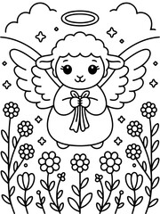Obraz premium Angel Lamb in Bloom: A serene illustration of an angel lamb, gracefully poised amidst a field of blooming flowers, evoking themes of faith and spring.