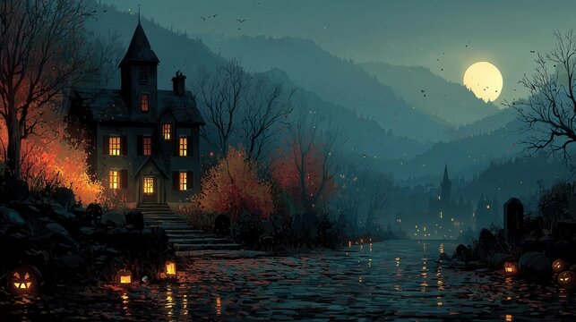 Moonlit scene near a spooky house by the water