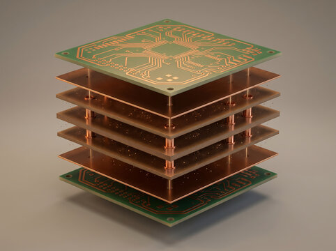Exploded view CGI render of multilayer printed circuit board stack with copper traces and vias for electronics engineering and PCB manufacturing design concepts