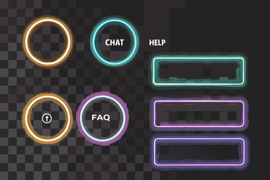 neon ui buttons and icons on transparent background