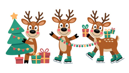 Friendly reindeer characters standing next to christmas tree with gifts and presents Vector © Sofiqul