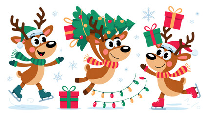 Two cheerful reindeer characters celebrating christmas with presents and snowflakes Vector © Sofiqul