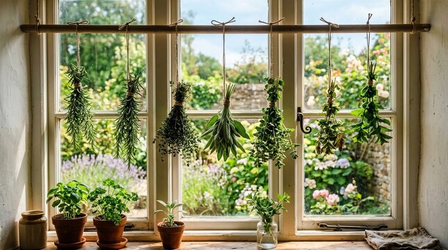 Herbs drying in bundles from a rustic window frame with a lush garden view