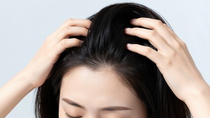 Naklejka premium Head Massage: A close-up view of a person gently massaging their scalp, promoting relaxation and well-being. Focusing on the sensory experience and serene atmosphere.