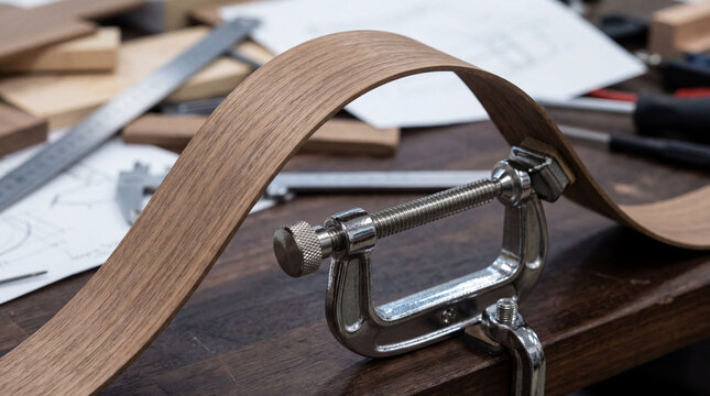 Metal C Clamp Holding Bent Wooden Strip on Workshop Workbench Surface